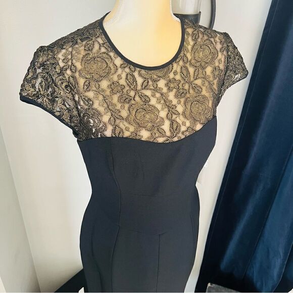 Maggy London Black Stretch Crepe Gold Lace Illusion Dress, Black, Size 8, NWT - Picture 8 of 17